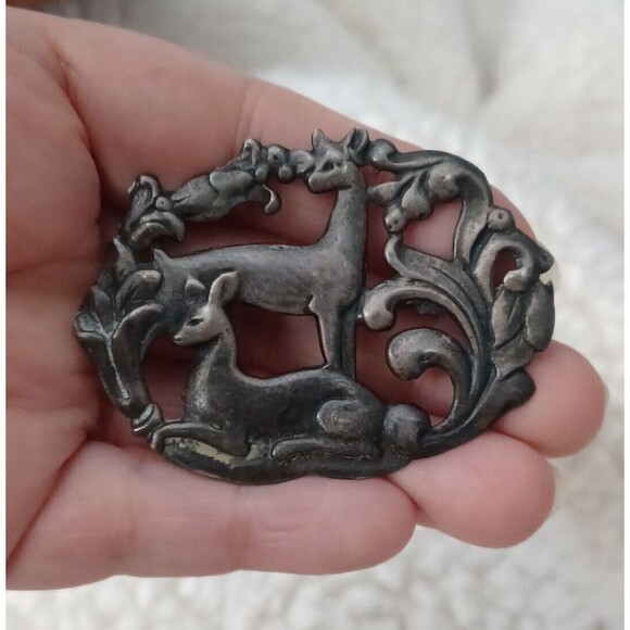 Vintage Nouveau Two Deer Pair Scrolling Foliage Signed Sterling Silver Brooch